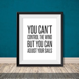 May include: Black framed print with the text "YOU CAN'T CONTROL THE WIND BUT YOU CAN ADJUST YOUR SAILS" in a bold, sans-serif font. The print is 8" x 10" and is displayed against a teal wall and wooden floor.