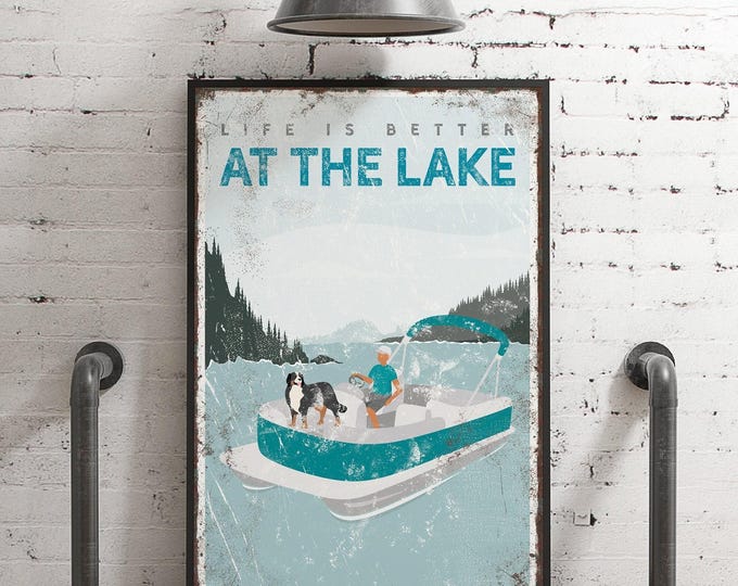 Life is Better at the Lake canvas print, man on pontoon boat with with Bernese Mountain dog, can be personalized, vintage lake decor {vpl}