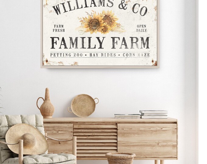 Custom FAMILY FARM sign • Personalized gift for wife • Fall harvest decor •  Vintage farmhouse decor • Sunflower wall art {asw}