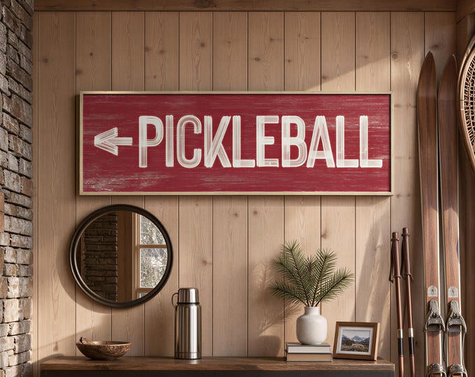 Pickleball Wall Sign: Rustic Red Wood Arrow - Customizable Colors