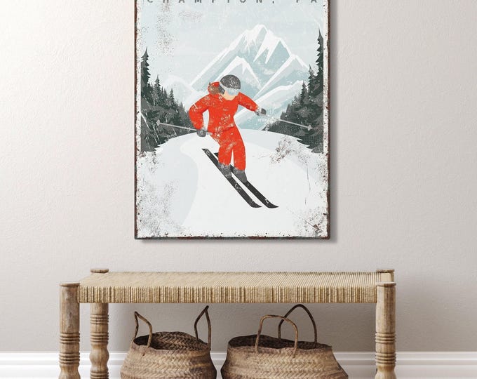Personalized Ski House Canvas, Rustic Vintage Style (Custom Mountain Name)