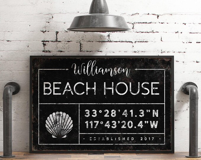 Seashell Wall Art Beach House Sign With Your Coordinates And Scallop Icon