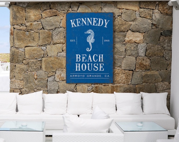 Beach House Sign: Rustic Vintage Look - Custom Text & Seahorse