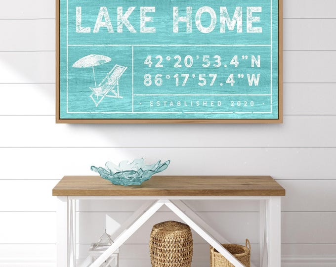 Personalized Sign, Lakehouse Decor, Coordinates Sign, Custom Aqua Blue Canvas, Family Name Welcome Plaque, Vintage Beach Chair Print {gdo}