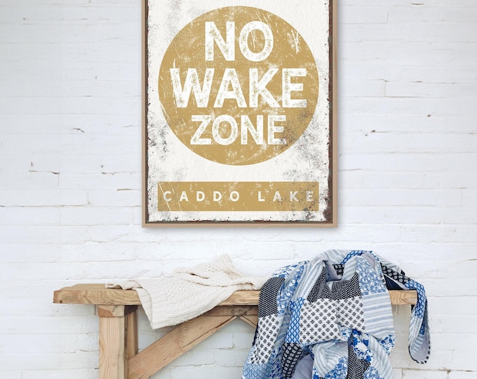 Vintage No Wake Zone Sign - Rustic Yellow Lakehouse Wall Art