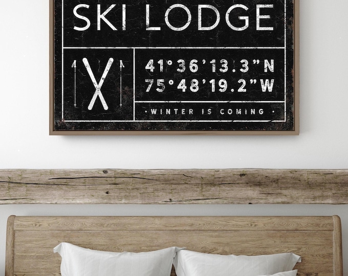 Family Winter Wall Print, Ski Lodge Sign With Custom Coordinates