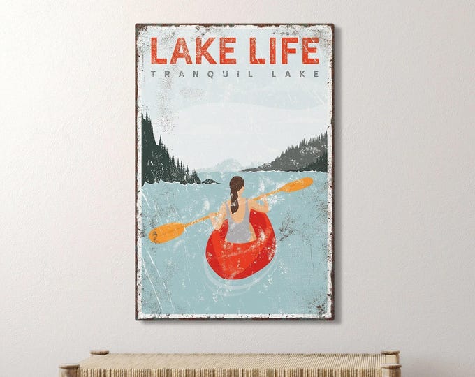 Vintage Lake Life Sign - Personalized Kayak Art with Rustic Frame