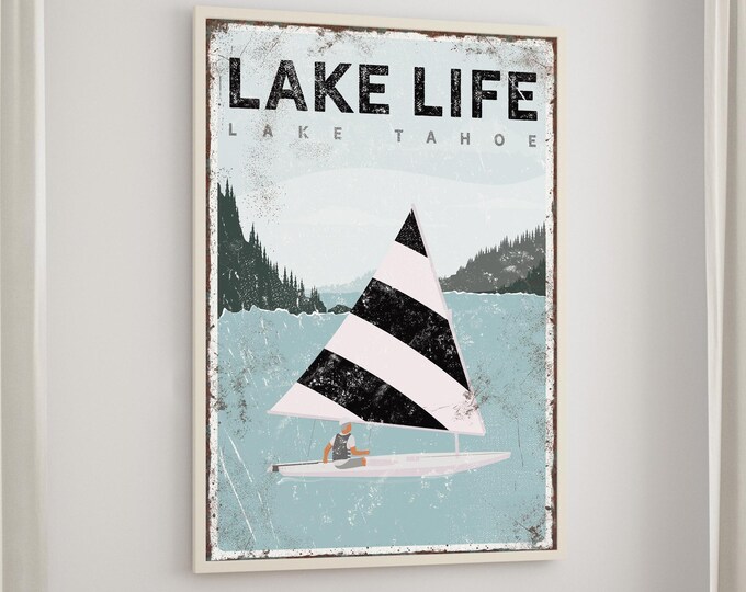 Boat Lake Sign, Black Sail Lake Tahoe Decor, Lake Life Sailor Gift