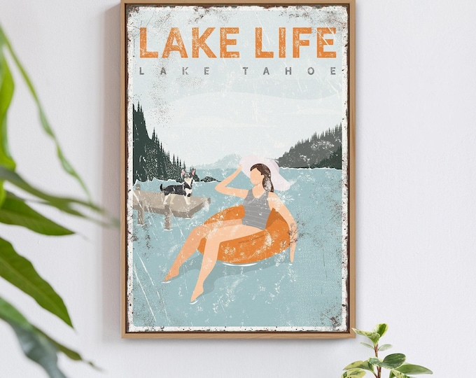 vintage LAKE LIFE sign, personalized tubing poster with chihhuahua dog on a dock, retro lake tahoe wall art, farmhouse home decor {vpl}