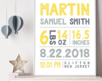 yellow & gray BIRTH STATS SIGN (canvas or printable poster) – custom baby stats, gray and yellow nursery name sign, gender neutral