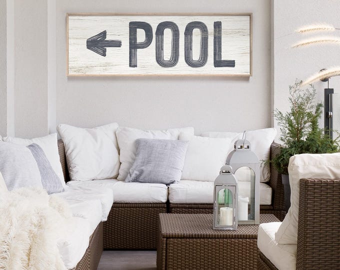 Navy Pool Sign, Long Skinny Arrow Wall Art In Charcoal And White, Rustic Backyard Decor