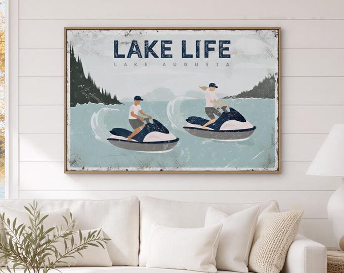 Custom Lake Life Sign with Jet Skis, Personalized Lake Name Wall Art, Vintage Cabin Decor Gift
