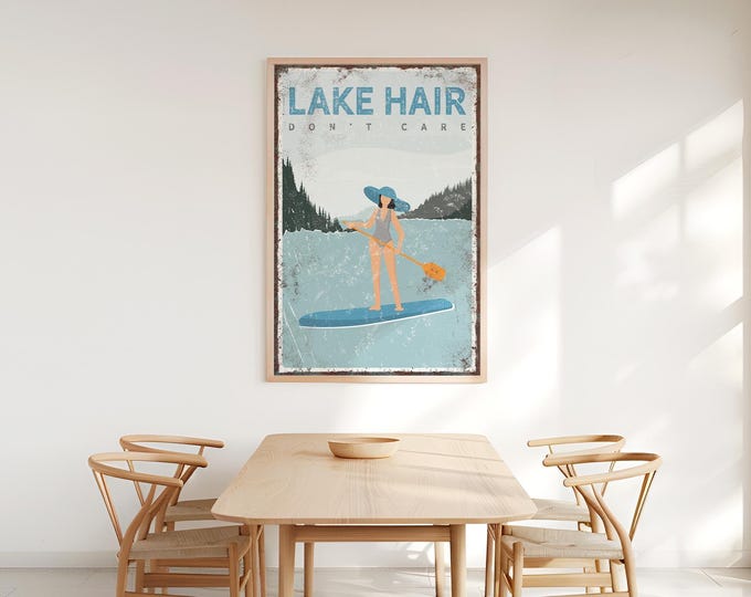 Paddle Lake Sign, Pale Blue Paddleboard Scene, Personalized Lake Hair Don't Care Art