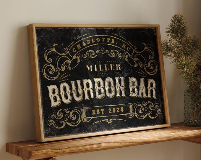Bourbon Bar Sign, Personalized Vintage Style (Metal, Canvas, Paper)