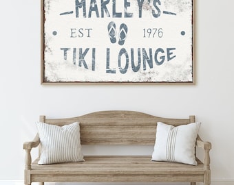 Tiki Lounge Wall Sign: Dusty Blue, Flip Flop Art - Rustic Farmhouse Decor