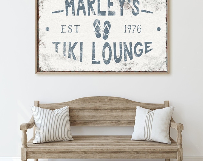 Tiki Lounge Wall Sign: Dusty Blue, Flip Flop Art - Rustic Farmhouse Decor