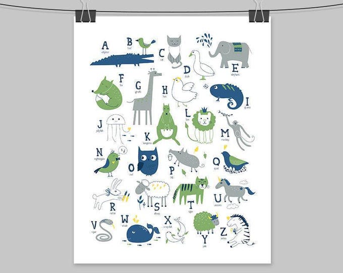 Alphabet Wall Art: Animal Letters in Navy and Green (Multiple Sizes)