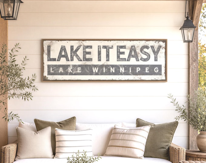 Lake It Easy, Personalized Lake Winnipeg Wall Art, Charcoal Gray Farmhouse Decor