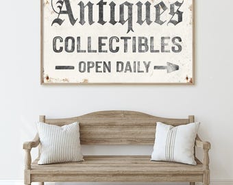 Vintage antiques collectibles sign with open daily arrows, farmhouse wall decor