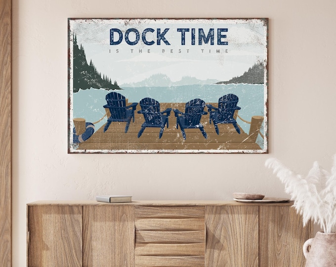 Navy DOCK TIME is the Best Time Sign, Four Adirondack Chairs Canvas Print, Custom Lake House Wall Decor, Large Horizontal Lake Deocr {VPL}