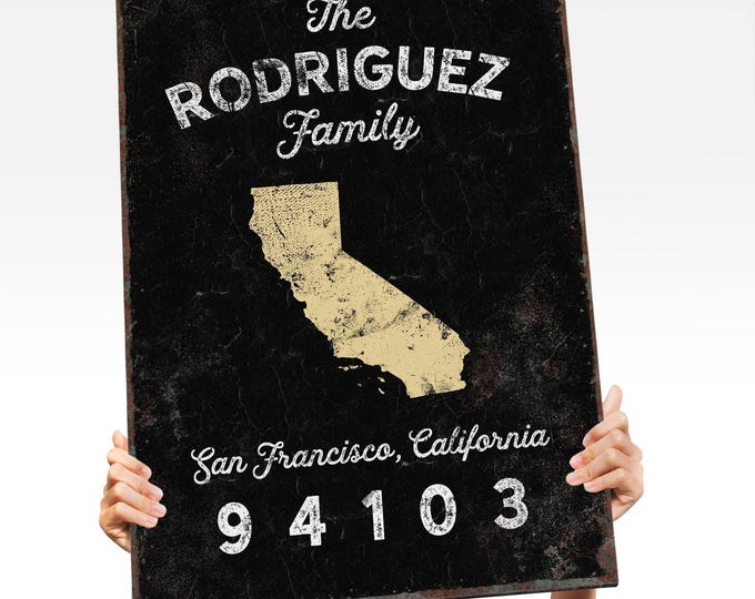 personalized FAMILY NAME sign > modern farmhouse decor, custom state art with family name and zip code (San Francisco, California)