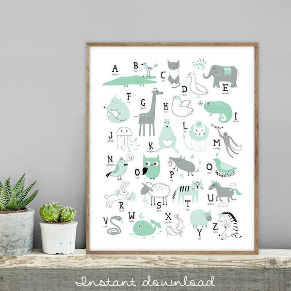 Mint muurkunst alfabet: dierenletters voor kinderkamers
