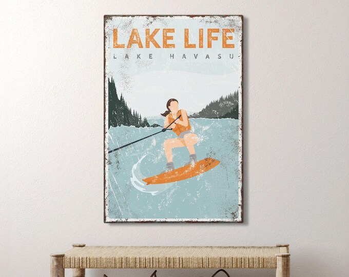 Wall Art Lake House Wakeboard Sign, Custom Lake Name Print, Lake Havasu Gift for Water Skiers