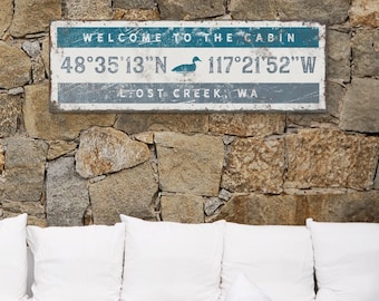 Coordinates Wall Art: Custom Cabin Sign - Vintage Style with Icon