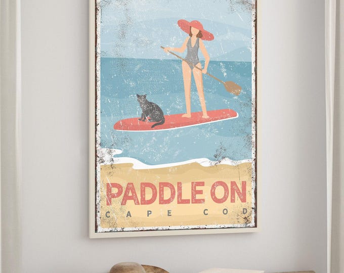 vintage PADDLEBOARD sign, retro PADDLE ON poster, woman paddleboarding poster with cat, Cape Cod beach wall art, gift for cat lover {vpb}