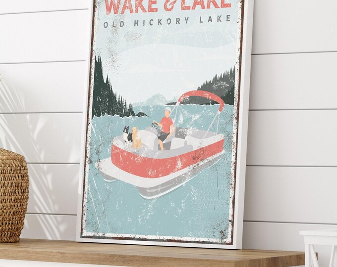 Personalized Lake Sign: French Bulldog, Pontoon Boat, Coral Accent