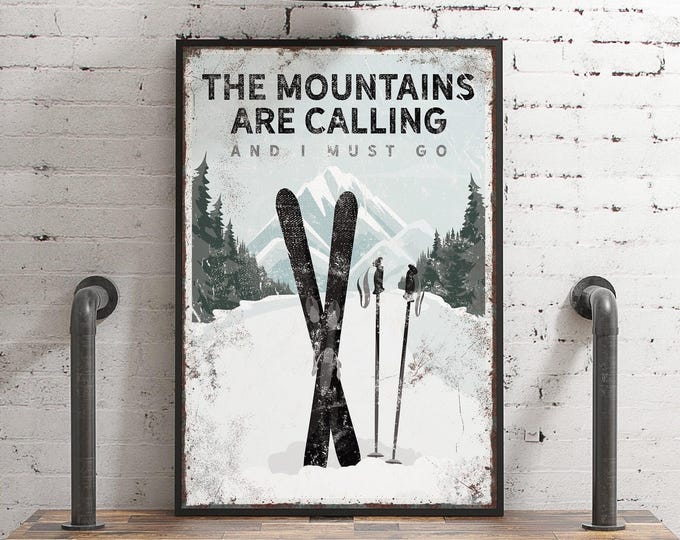 Vintage Ski Sign Wall Art - Rustic Cabin Black White Decor