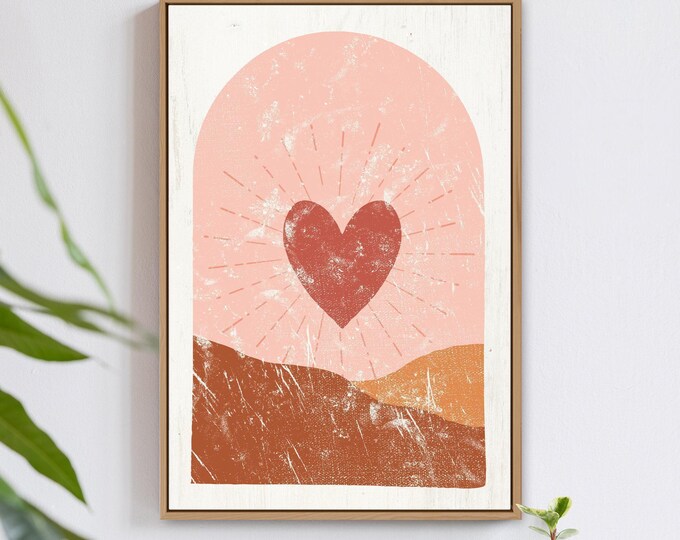 boho valentine decor canvas > vintage love sign with heart, window and horizon in neutral color palette for modern farmhouse decor {VAL01}