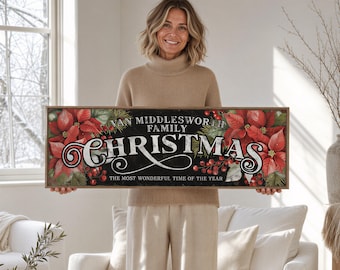 Christmas Floral Custom Family Name Black Red and Green Poinsettia Holiday Sign