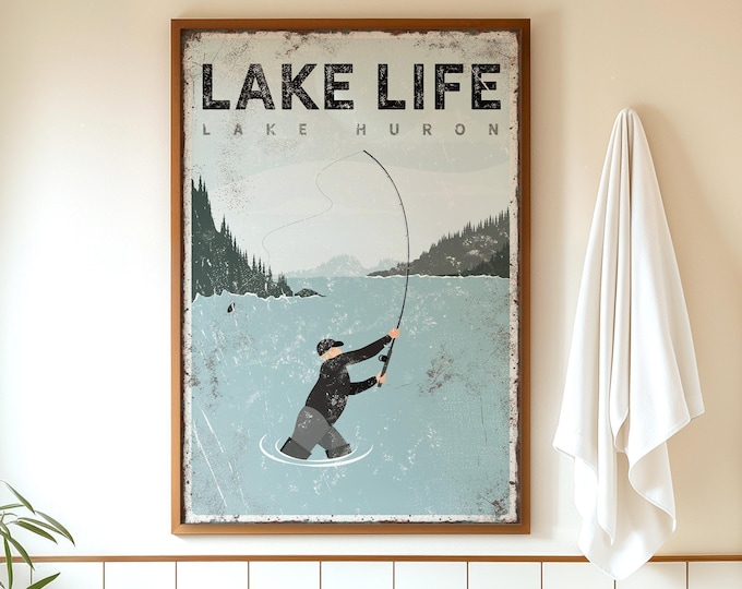 Lake Life Art, Custom Fly Fishing Scene, Pale Blue Lake Print For Cabin Or Lake House