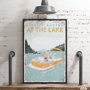 personalized lake wall art with pontoon boat, life is better at the lake sign, custom text, pontoon boat art for lake house decor {vpl}