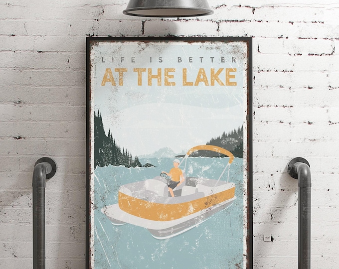 personalized lake wall art with pontoon boat, life is better at the lake sign, custom text, pontoon boat art for lake house decor {vpl}