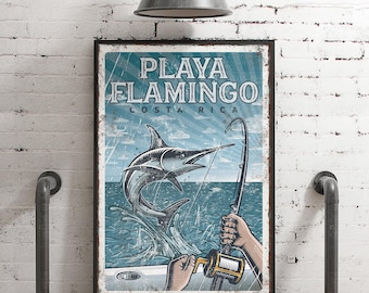 Marlin Fishing Wall Art - Personalized Lake Name, Rustic Beach Style