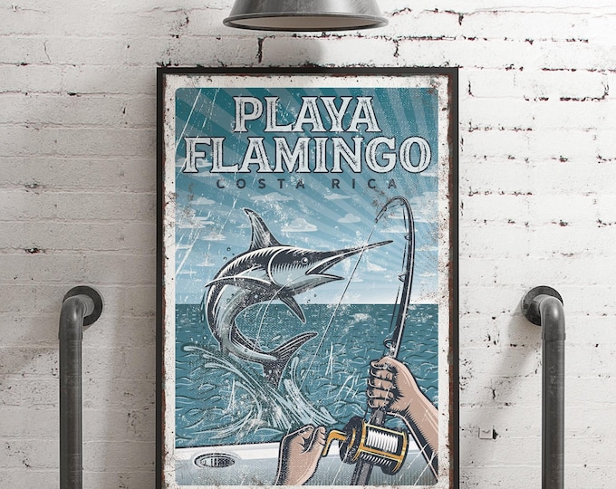 Marlin Fishing Wall Art - Personalized Lake Name, Rustic Beach Style