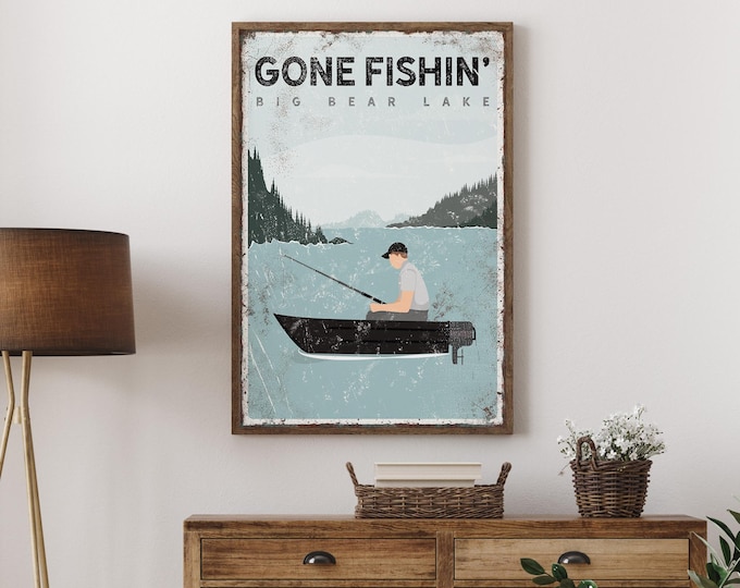 Vintage Gone Fishin' Sign, Big Bear Lake House Decor, Coastal Canvas Print, Distressed Fishing Gift for Him, Onyx Black Lake Wall Art {vpl}