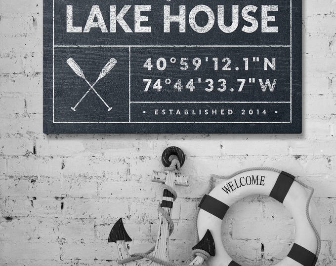 hale navy LAKE HOUSE canvas, nautical last name sign, personalized GPS location coordinates, vintage rustic farmhouse decor {gdo}