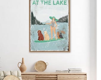 Vintage Lake Sign: Woman Paddleboarding with Dogs, Custom Text