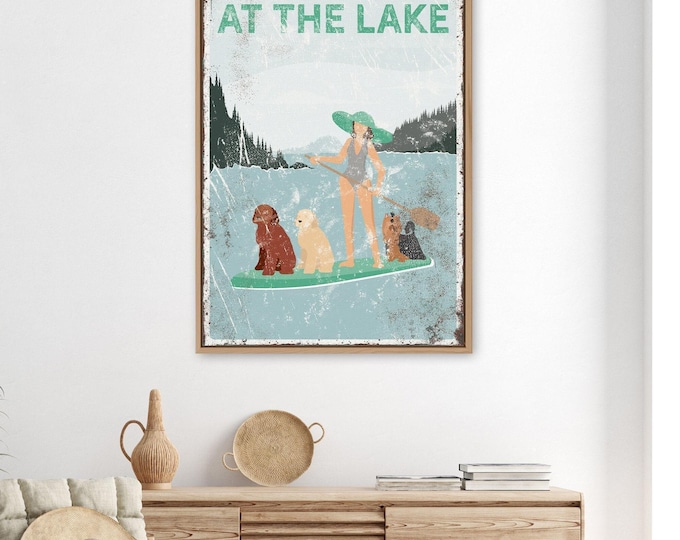 Vintage Lake Sign: Woman Paddleboarding with Dogs, Custom Text
