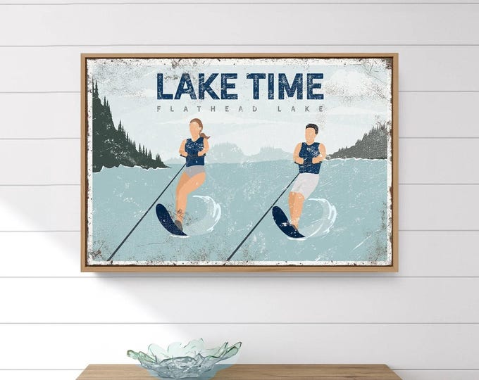 Lake Time Sign with Waterskiing, Personalized Flathead Lake Wall Art, Vintage Cabin Decor Print