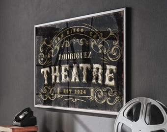 San Diego Theatre Sign, Personalized Home Cinema Decor, Custom City Wall Art, Gold