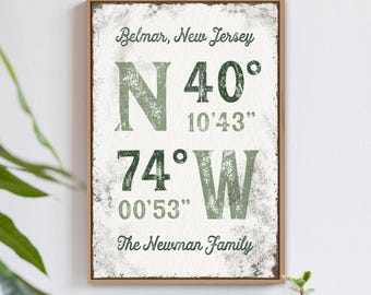 Coordinates Sign: Custom Last Name Art Print (Sage Green, Farmhouse Style)