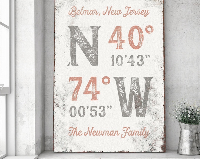 Personalized Coordinates Sign: Custom Last Name, Pink & Gray Art