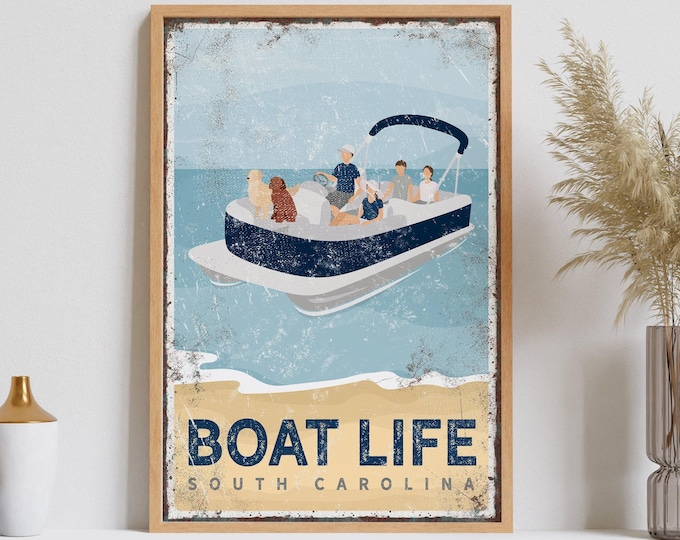 Family on a Boat Sign, Personalized Pontoon Wall Art with Dogs, Custom Navy Lake House Print
