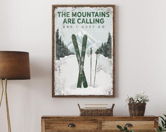 Rustic Vintage Ski Mountain Wall Art, Custom Forest Green Sign, Alpine Adventure Decor, Ski House Gift, Jade Canvas Poster {VPS}