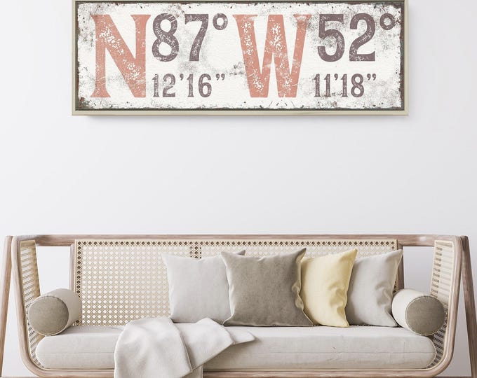 Custom Latitude & Longitude Sign: Vintage Coral, Farmhouse Wall Art