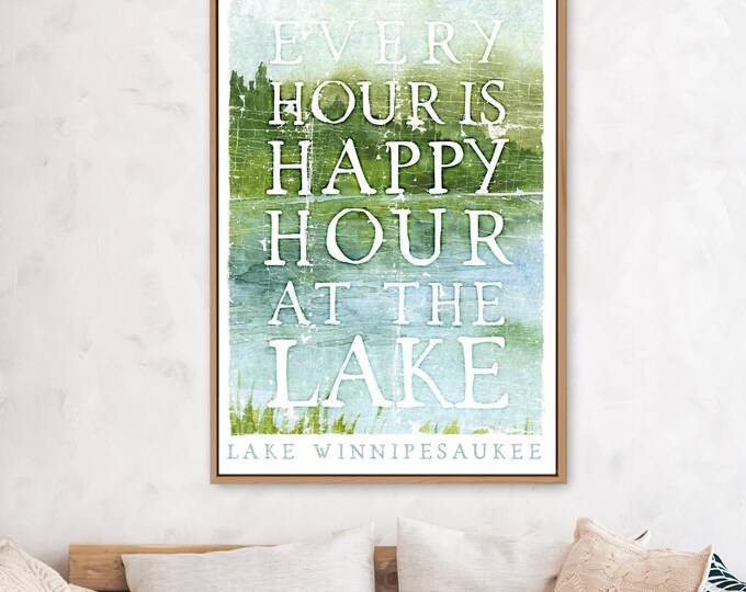 Lakehouse Bar Sign: Distressed Happy Hour Watercolor Wall Art